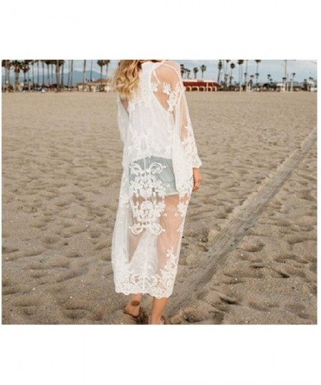 Cover-Ups Women UPF50+ Mid-Length Thin Bell Sleeve Lace Trim Swimwear Cover Up Dress - White - CL199EXAT5K