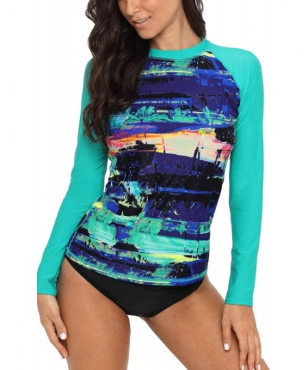 Rash Guards Womens Long Sleeve Printed Rash Guard UV Swim Shirt Sufring Athletic Top - Green Printing - CI18C0Q0ZMX