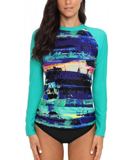 Rash Guards Womens Long Sleeve Printed Rash Guard UV Swim Shirt Sufring Athletic Top - Green Printing - CI18C0Q0ZMX