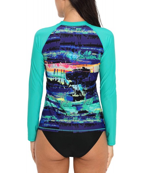 Rash Guards Womens Long Sleeve Printed Rash Guard UV Swim Shirt Sufring Athletic Top - Green Printing - CI18C0Q0ZMX