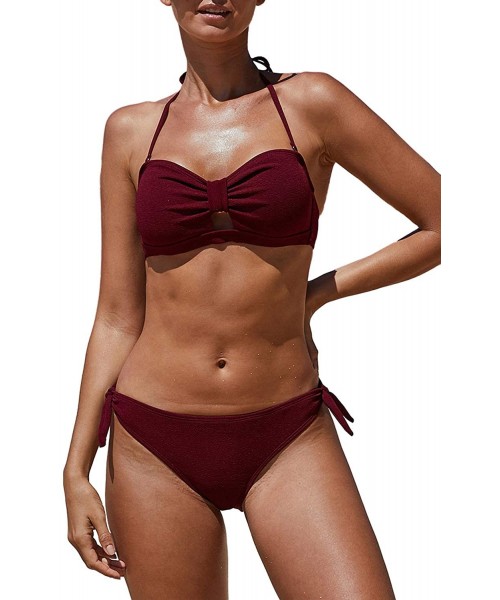 Tankinis Women Halter Color Block Twist Bandeau Push Up Bikini Set Two Pieces Swimsuits - B-red - CN194MC8NAT