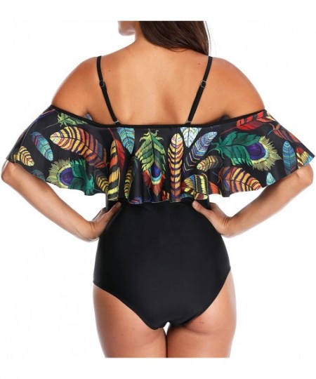 One-Pieces Off The Shoulder One Piece Swimsuits for Women Vintage Ruffle Floral Bathing Suits - E-turquoise - CV18GN49T2T