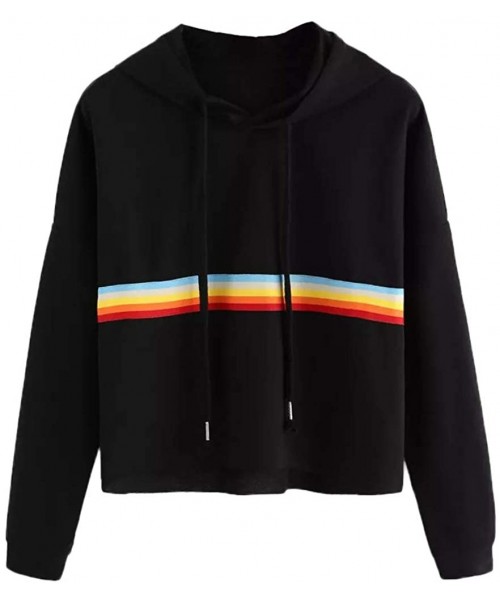 Cover-Ups Teen Girls Rainbow Sweatshirt Womens Crop Tops Patchwork Long Sleeve Stripe Pullover Hoodies - Black-5 - CP18HZNNTTC