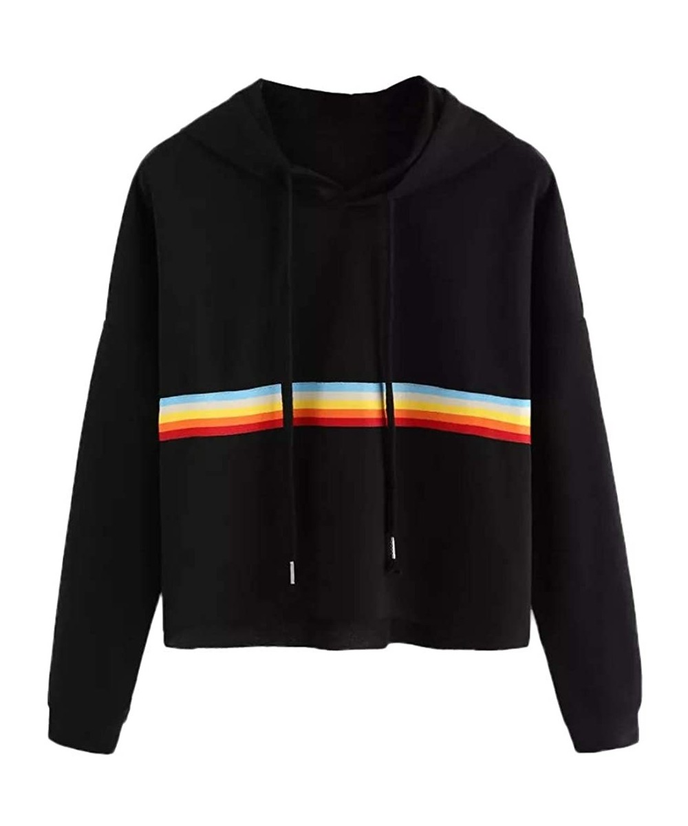 Cover-Ups Teen Girls Rainbow Sweatshirt Womens Crop Tops Patchwork Long Sleeve Stripe Pullover Hoodies - Black-5 - CP18HZNNTTC