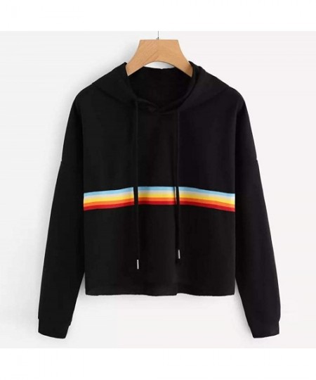 Cover-Ups Teen Girls Rainbow Sweatshirt Womens Crop Tops Patchwork Long Sleeve Stripe Pullover Hoodies - Black-5 - CP18HZNNTTC