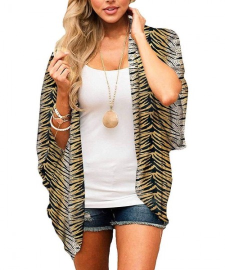 Cover-Ups Womens Summer Casual Sheer Chiffon Kimono Loose Fit Cardigan Capes Blouse Top - Tiger - CF198CL66Q4