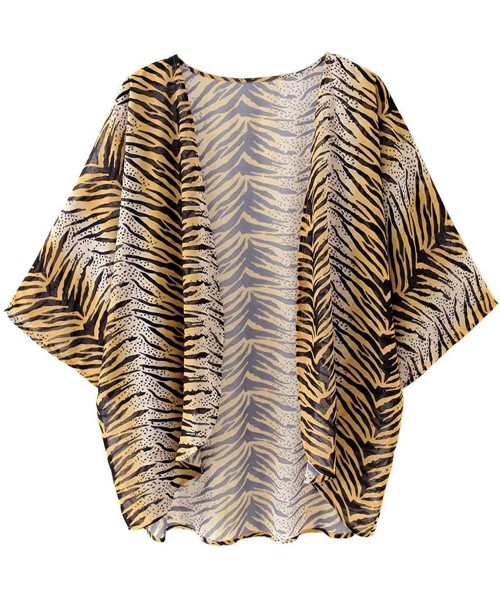 Cover-Ups Womens Summer Casual Sheer Chiffon Kimono Loose Fit Cardigan Capes Blouse Top - Tiger - CF198CL66Q4