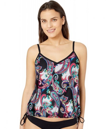 Tankinis Women's Side Tie Tankini Swimsuit Top - Black//Paisley Swirl - C618I3KU5WW