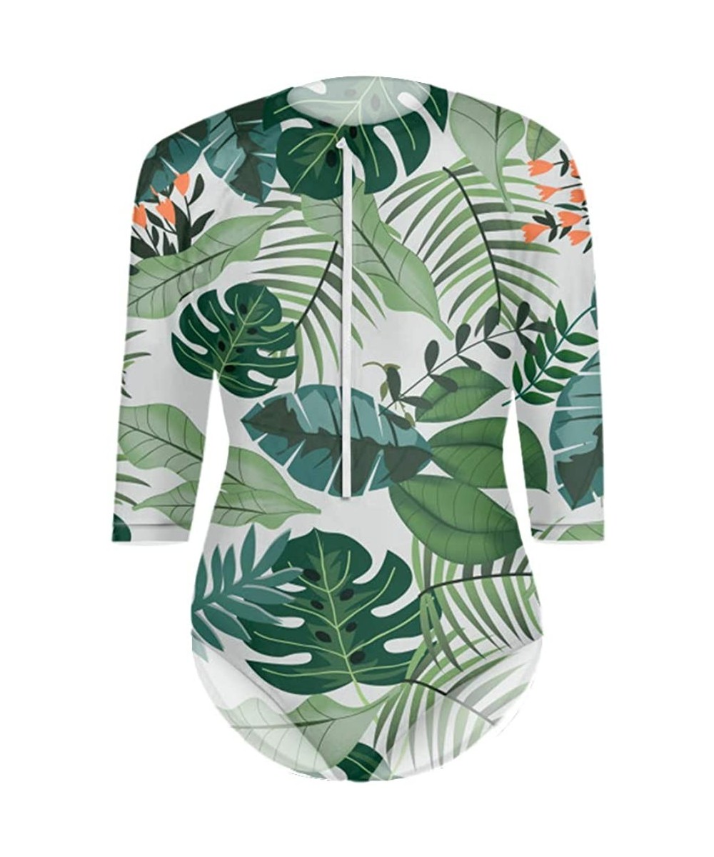 One-Pieces Women's Rashguard Long Sleeve Zip UV Protection Print Surfing Swimsuit Swimwear Bathing Suits - Palm Leaf-3 - CO18...