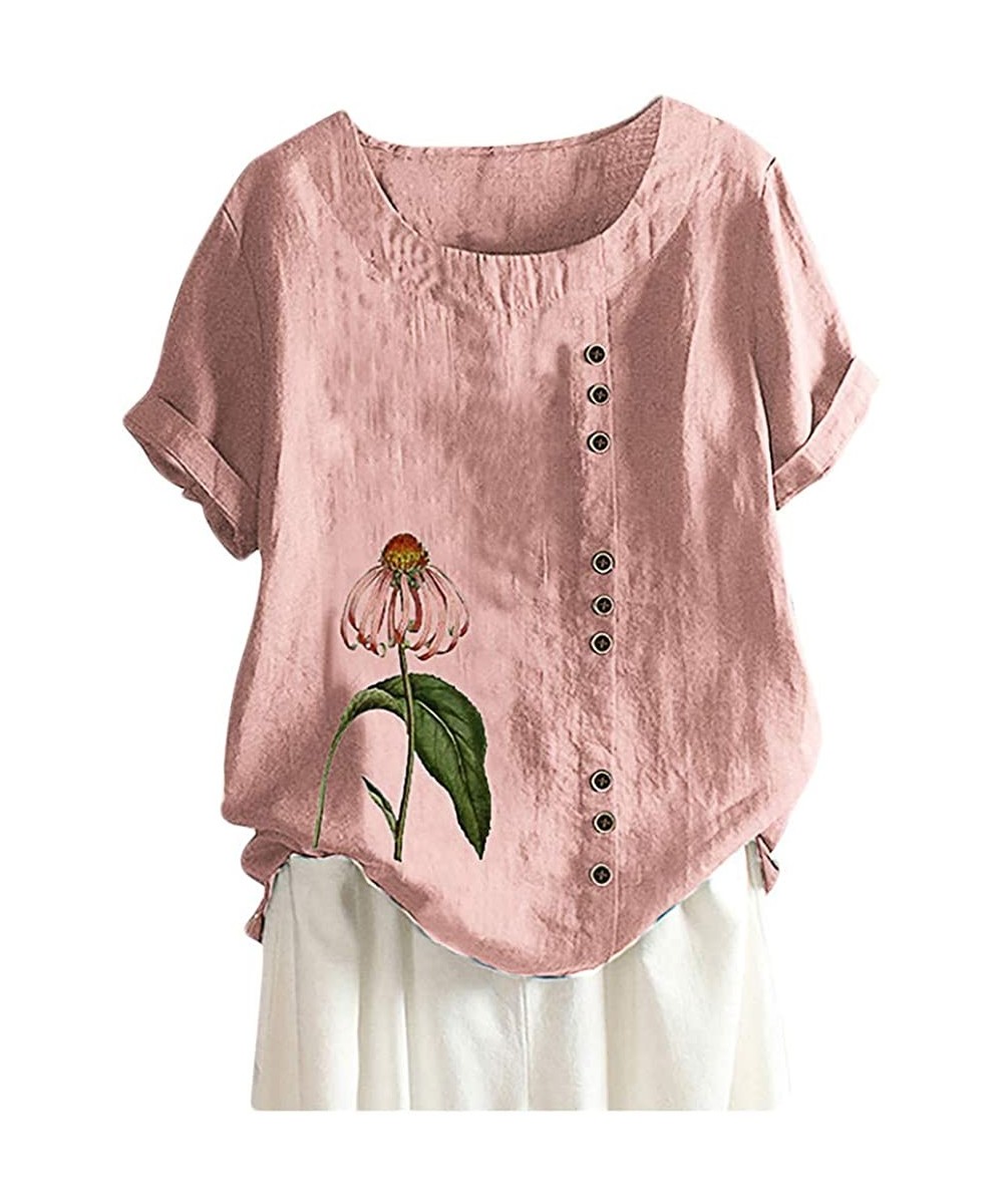 Board Shorts Women's Vintage top Embroidered Blouse Tunic V-Neck Linen Tops Short Sleeve Hi-Low Hem Shirt - Pink_2 - C2199MYSDNO