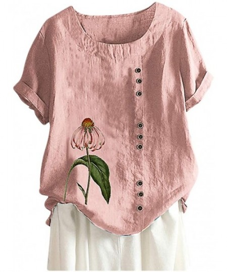 Board Shorts Women's Vintage top Embroidered Blouse Tunic V-Neck Linen Tops Short Sleeve Hi-Low Hem Shirt - Pink_2 - C2199MYSDNO