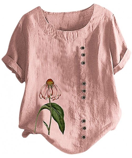 Board Shorts Women's Vintage top Embroidered Blouse Tunic V-Neck Linen Tops Short Sleeve Hi-Low Hem Shirt - Pink_2 - C2199MYSDNO