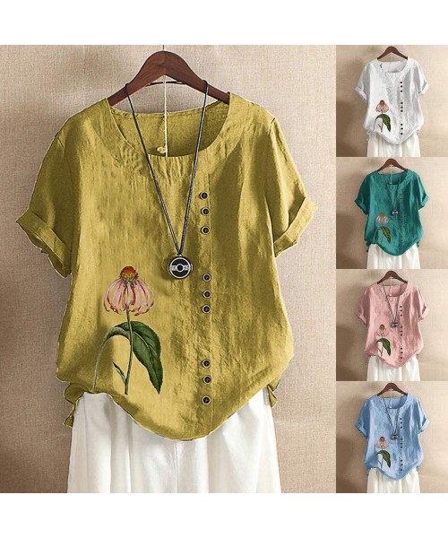 Board Shorts Women's Vintage top Embroidered Blouse Tunic V-Neck Linen Tops Short Sleeve Hi-Low Hem Shirt - Pink_2 - C2199MYSDNO