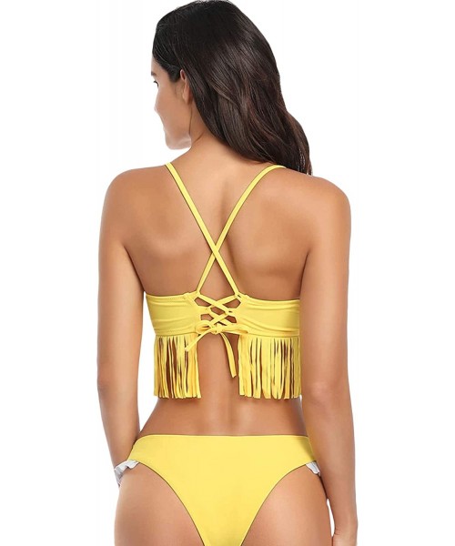 Sets Women Two Pieces High Cut Bikini Set Tie Back Fringe Trim Swimsuit Bathing Suits Yellow-2 S - CF194STUXYU