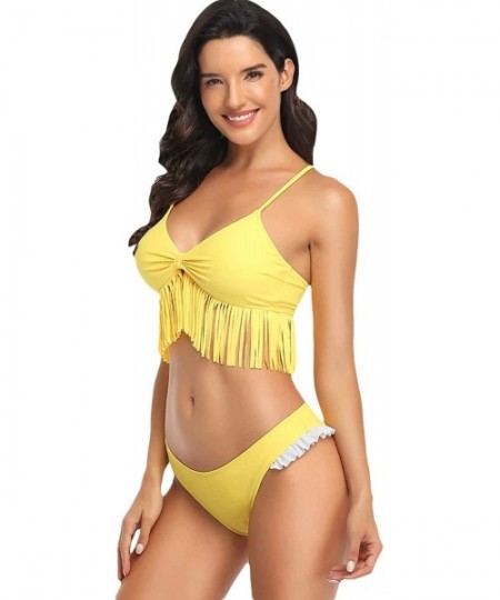 Sets Women Two Pieces High Cut Bikini Set Tie Back Fringe Trim Swimsuit Bathing Suits Yellow-2 S - CF194STUXYU