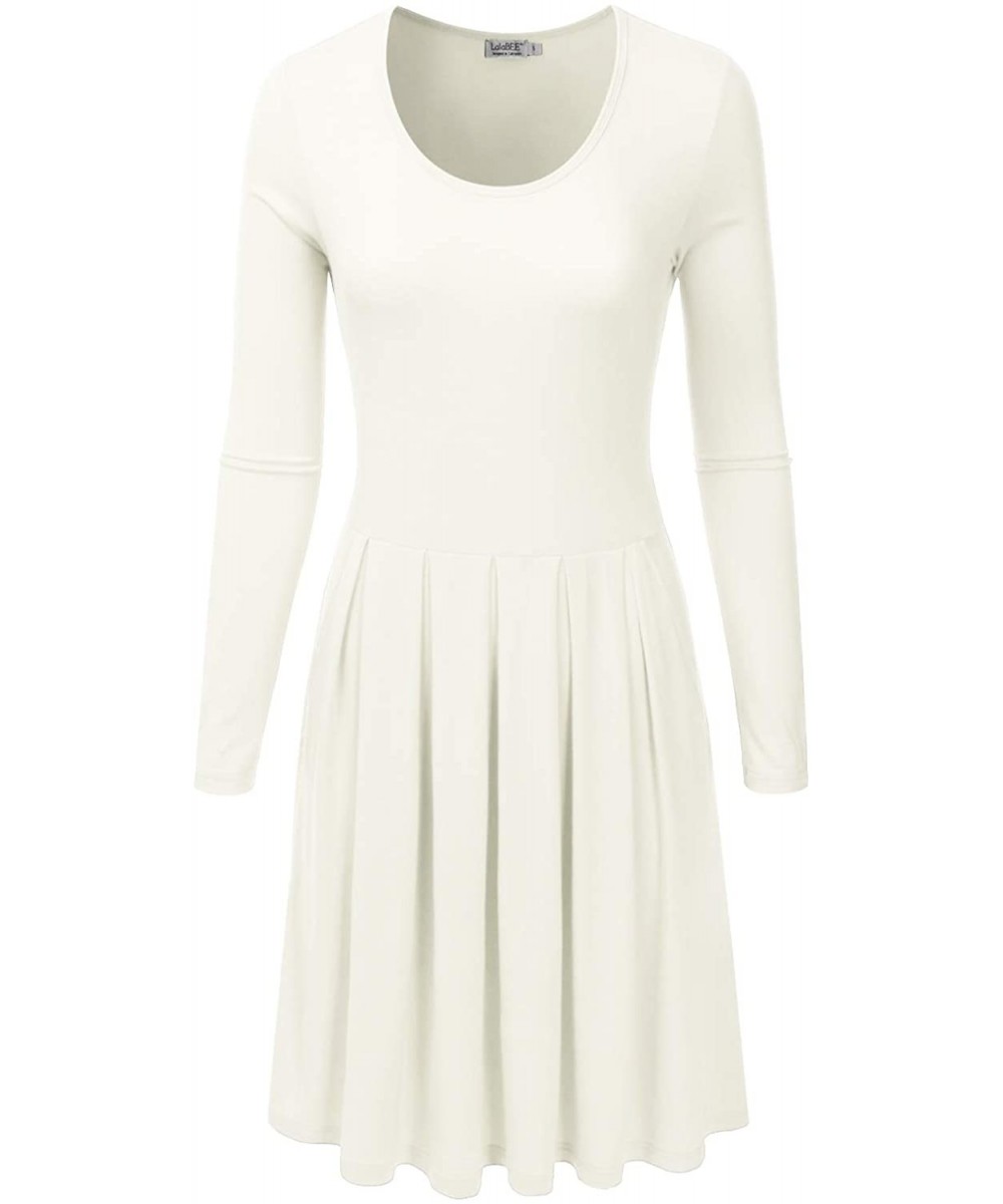 Cover-Ups Women's Long Sleeve Pleated Loose Swing Midi Dress with Pockets (XS-XXL) - Dbd005_ivory - CT196XEX3RM