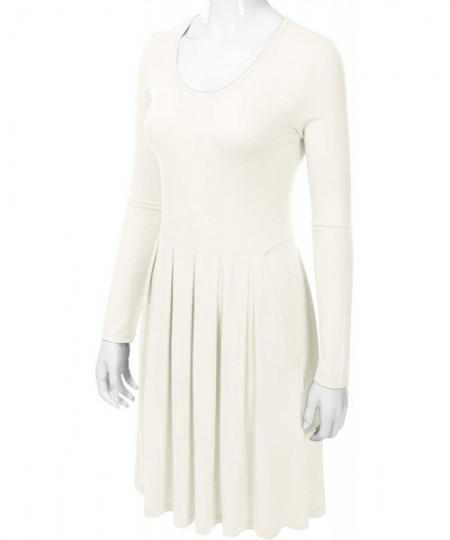 Cover-Ups Women's Long Sleeve Pleated Loose Swing Midi Dress with Pockets (XS-XXL) - Dbd005_ivory - CT196XEX3RM