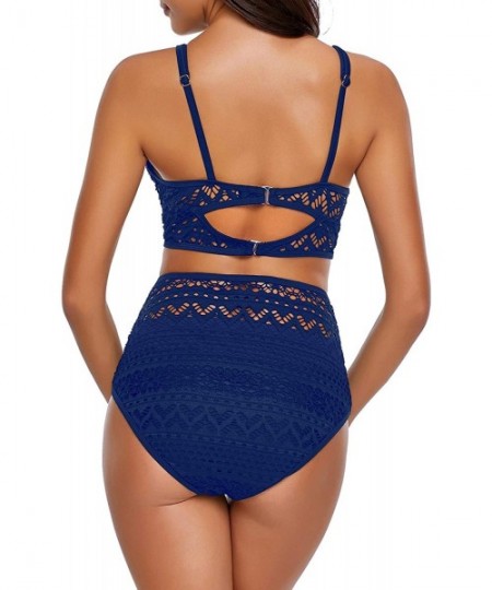 Sets Women's Two Pieces Crochet Lace High Waist V Neck Bikini Set Swimsuit - Blue - CH18NAU4ILN