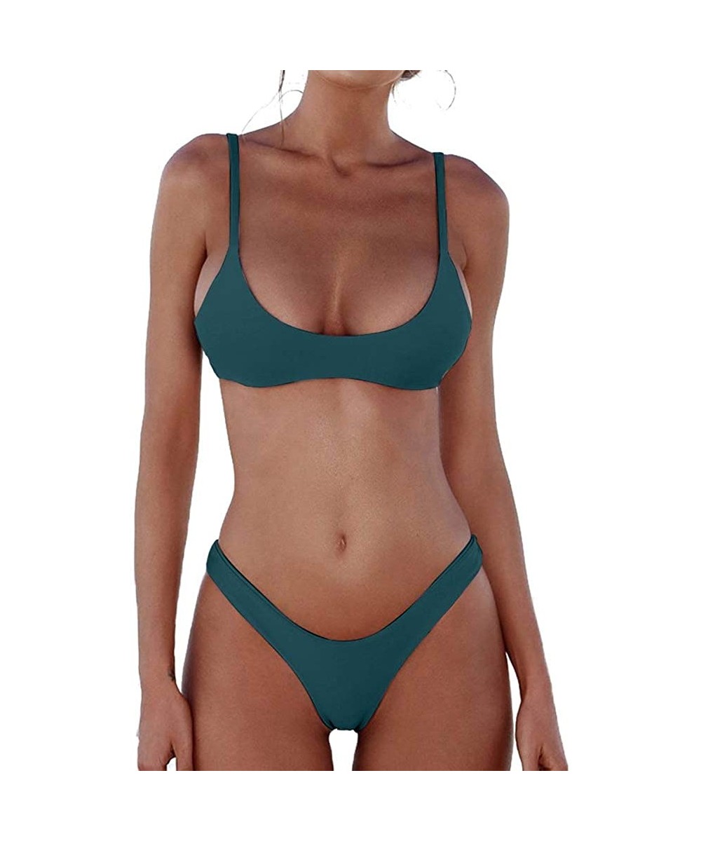 Sets Womens Swimsuits 2 Pcs Brazilian Top Thong Bikini Set High Waisted Bathing Suits for Women Bikini Set Peacock Green - CW...