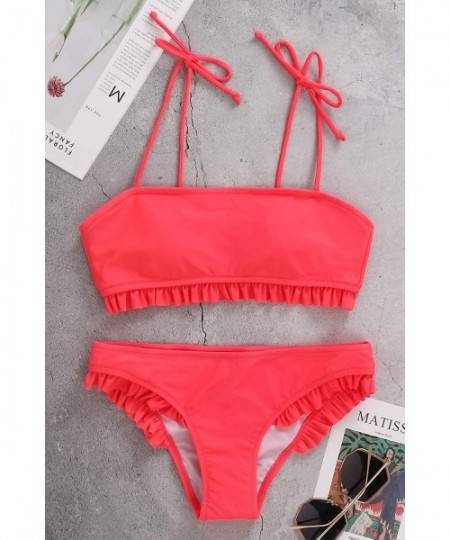 Sets Women's Bandeau Bikini Set Two Piece Padded Swimsuits Tie Straps Bathing Suit Ruffle Swimwear - Red Bikini - CC1930NKDWN