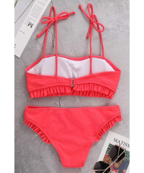 Sets Women's Bandeau Bikini Set Two Piece Padded Swimsuits Tie Straps Bathing Suit Ruffle Swimwear - Red Bikini - CC1930NKDWN