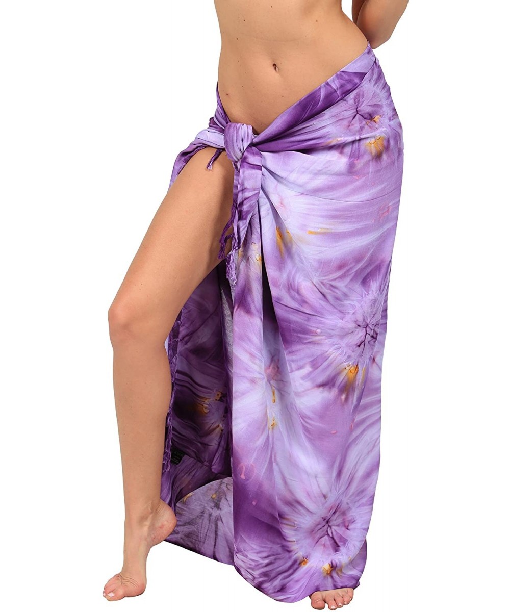 Cover-Ups Beach Long Batik Sarong Womens Swimsuit Wrap Cover Up Pareo with Coconut Shell Included (Tie Dye) - Purple - CI1258...