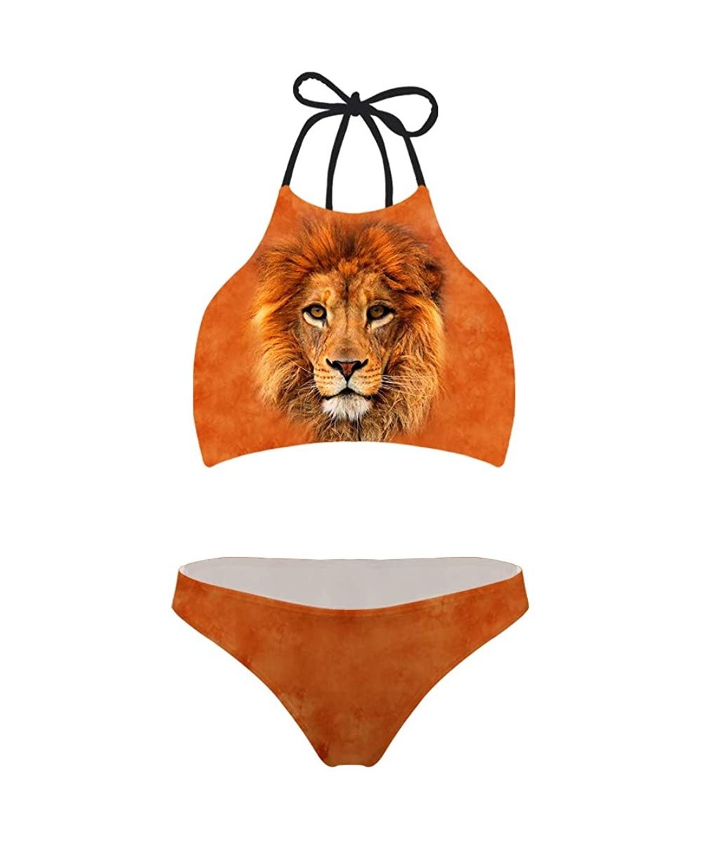 Sets Animal Print Bikini Set Two Piece Teen Girls Learn-to-Swim Lace Up Halter Swimwear - Lion - CF18OTRE95L