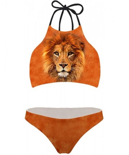 Sets Animal Print Bikini Set Two Piece Teen Girls Learn-to-Swim Lace Up Halter Swimwear - Lion - CF18OTRE95L