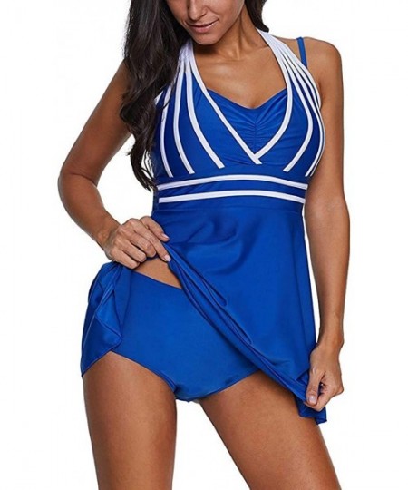 Sets Women Color Block Rainbow Tankini Swim Dress Two Pieces Swimsuit with Boyshorts (M-3XL) - Style2-blue - C318Q8LKEYY