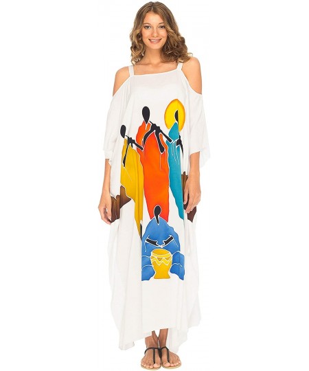 Cover-Ups Womens Kaftan Maxi Dress Cold Shoulder Casual Long Beach Cover Up Plus Size Caftan - Flute White - CC18EZYLY93