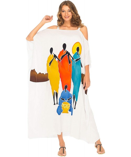 Cover-Ups Womens Kaftan Maxi Dress Cold Shoulder Casual Long Beach Cover Up Plus Size Caftan - Flute White - CC18EZYLY93