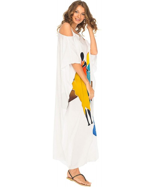 Cover-Ups Womens Kaftan Maxi Dress Cold Shoulder Casual Long Beach Cover Up Plus Size Caftan - Flute White - CC18EZYLY93