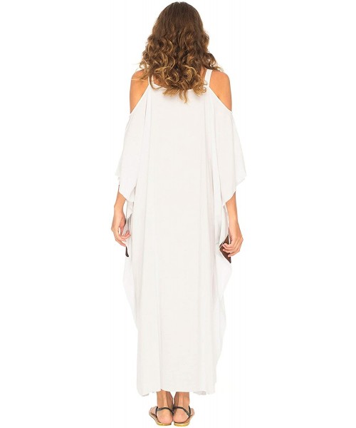 Cover-Ups Womens Kaftan Maxi Dress Cold Shoulder Casual Long Beach Cover Up Plus Size Caftan - Flute White - CC18EZYLY93