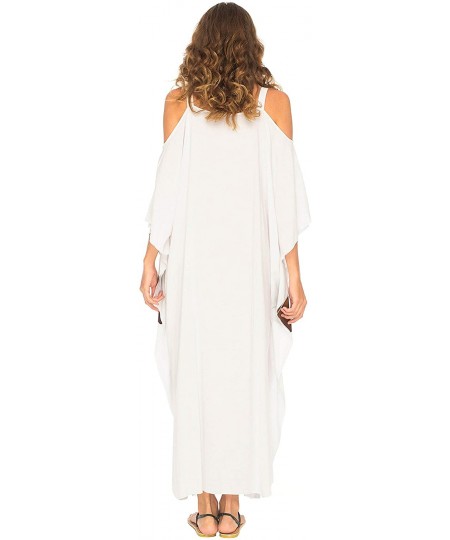 Cover-Ups Womens Kaftan Maxi Dress Cold Shoulder Casual Long Beach Cover Up Plus Size Caftan - Flute White - CC18EZYLY93