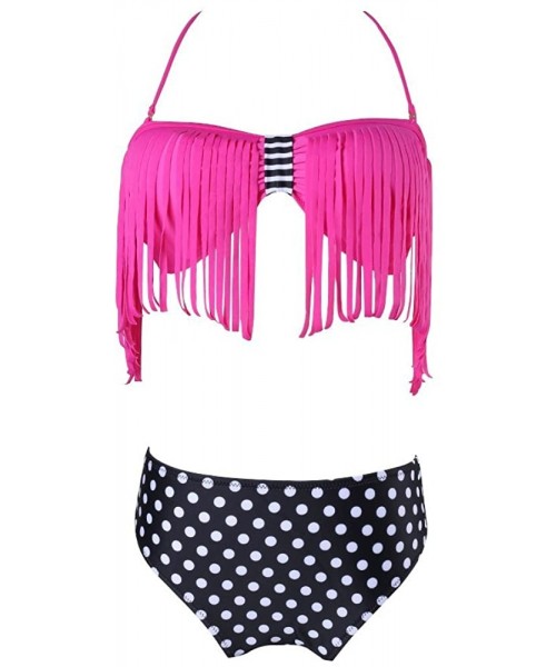 Sets Women Sexy Fringe Bikini Suit Padded Set Floral Swimwear Tassel - Purple Polka Dot - CQ12GRDDXW7