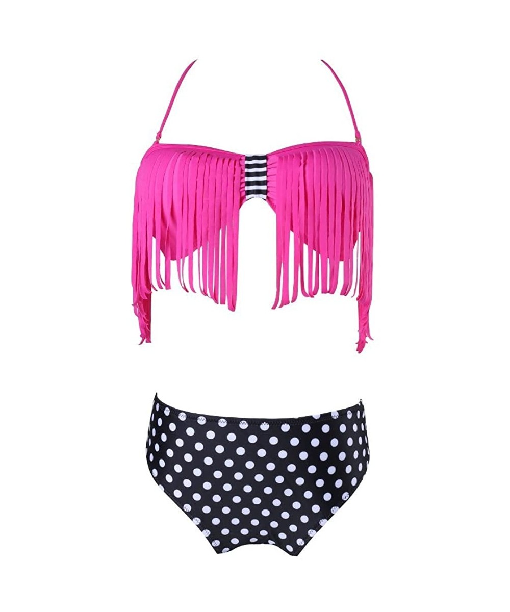 Sets Women Sexy Fringe Bikini Suit Padded Set Floral Swimwear Tassel - Purple Polka Dot - CQ12GRDDXW7