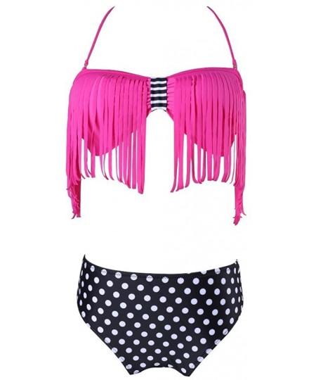 Sets Women Sexy Fringe Bikini Suit Padded Set Floral Swimwear Tassel - Purple Polka Dot - CQ12GRDDXW7