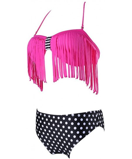 Sets Women Sexy Fringe Bikini Suit Padded Set Floral Swimwear Tassel - Purple Polka Dot - CQ12GRDDXW7