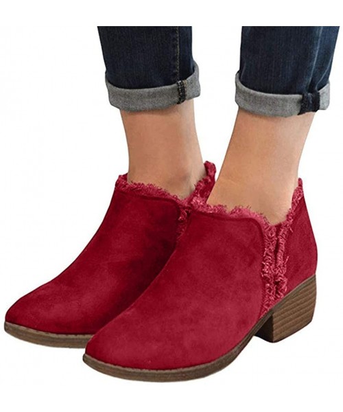 One-Pieces Ankle Boots for Women V Cut Ankle Booties Point Toe Faux Stacked Chunky Heel Zipper Slip On Short Booties Z2 red -...