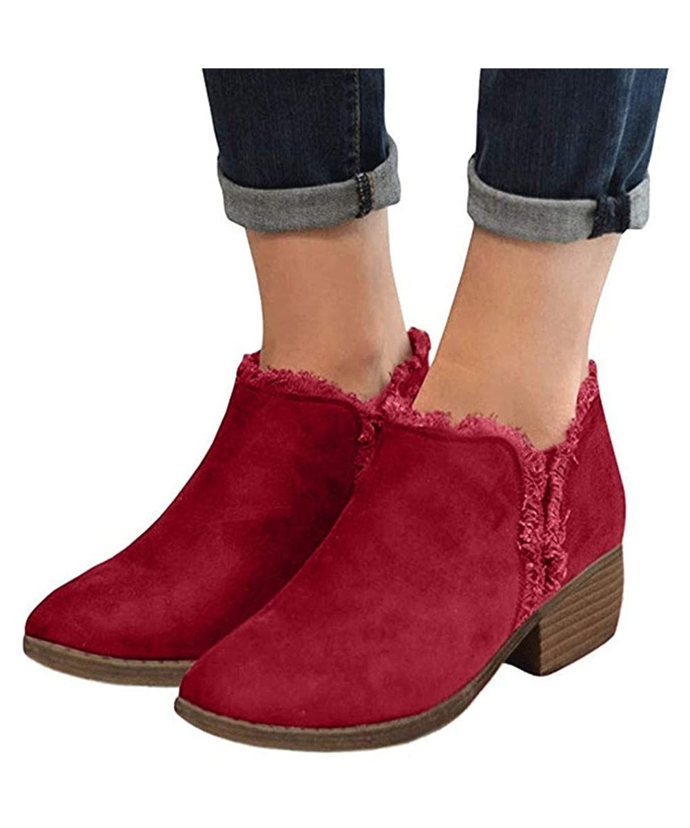 One-Pieces Ankle Boots for Women V Cut Ankle Booties Point Toe Faux Stacked Chunky Heel Zipper Slip On Short Booties Z2 red -...