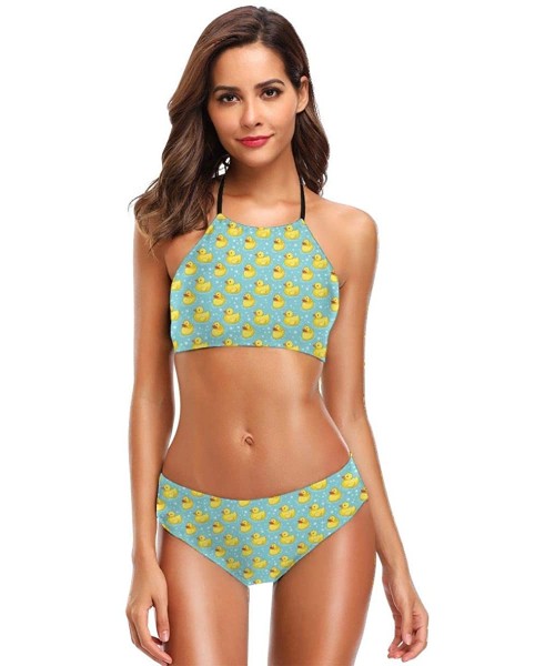 Sets Cute Yellow Rubber Ducky Duck Bubbles Womens Two Piece Bathing Suit Surfing Slimming Swimsuits Halter Bikini Set Swimwea...