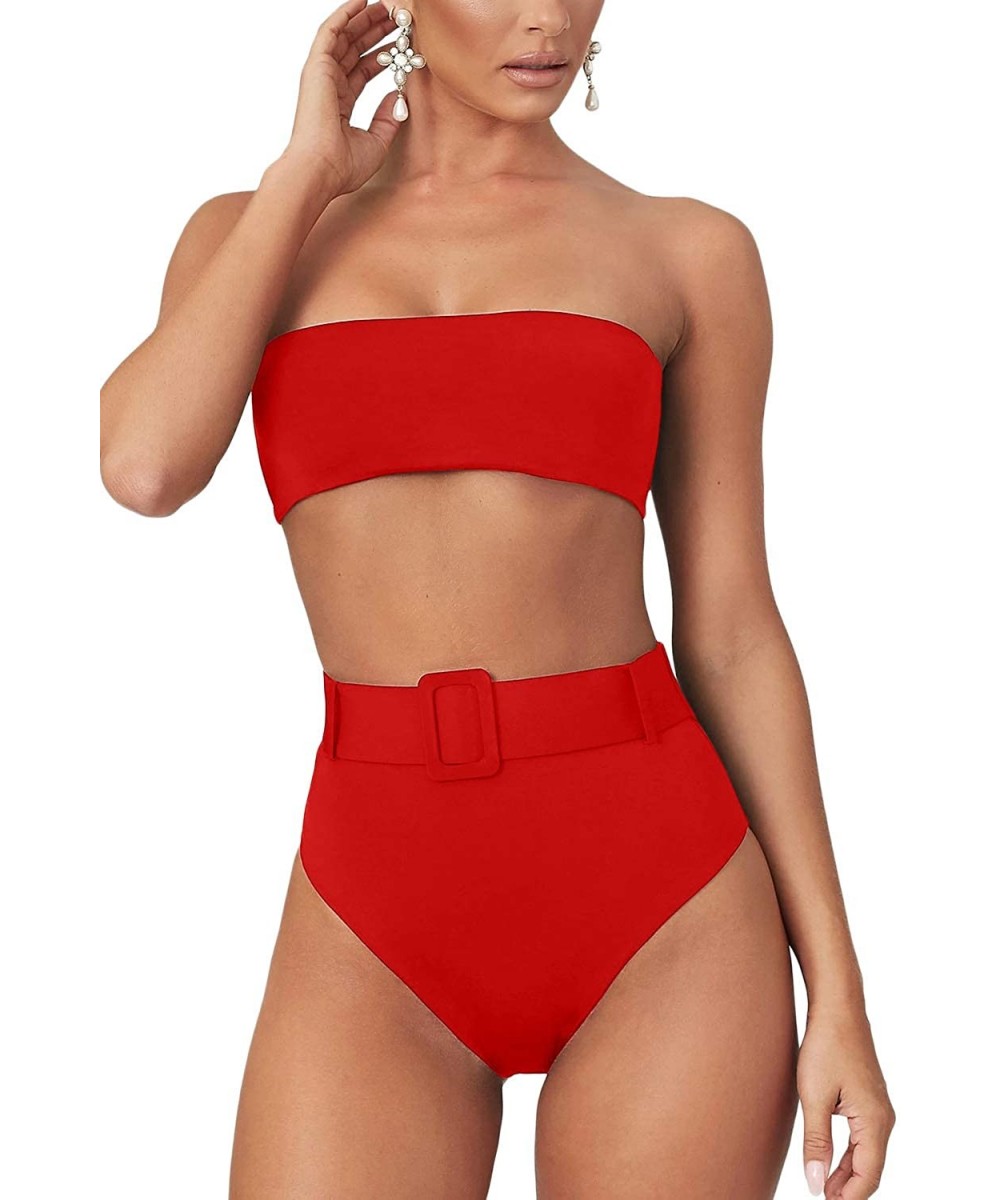 Sets Women's Strapless Tube Top High Waist Bikini Set 2PCS Cheeky Bandeau Swimsuit - Red - CC1944O4E24