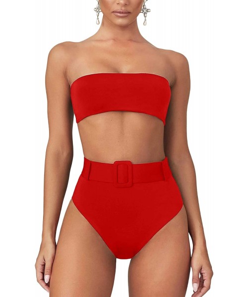 Sets Women's Strapless Tube Top High Waist Bikini Set 2PCS Cheeky Bandeau Swimsuit - Red - CC1944O4E24