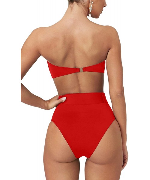 Sets Women's Strapless Tube Top High Waist Bikini Set 2PCS Cheeky Bandeau Swimsuit - Red - CC1944O4E24