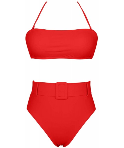 Sets Women's Strapless Tube Top High Waist Bikini Set 2PCS Cheeky Bandeau Swimsuit - Red - CC1944O4E24