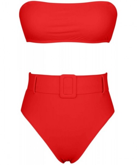 Sets Women's Strapless Tube Top High Waist Bikini Set 2PCS Cheeky Bandeau Swimsuit - Red - CC1944O4E24