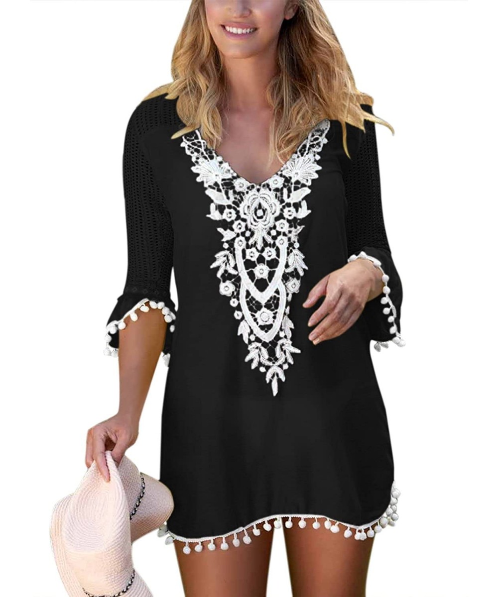 Cover-Ups Women's Crochet Chiffon Tassel Swimsuit Bikini Pom Pom Trim Swimwear Beach Cover Up - A Tassel Black - CR180CNZ39W