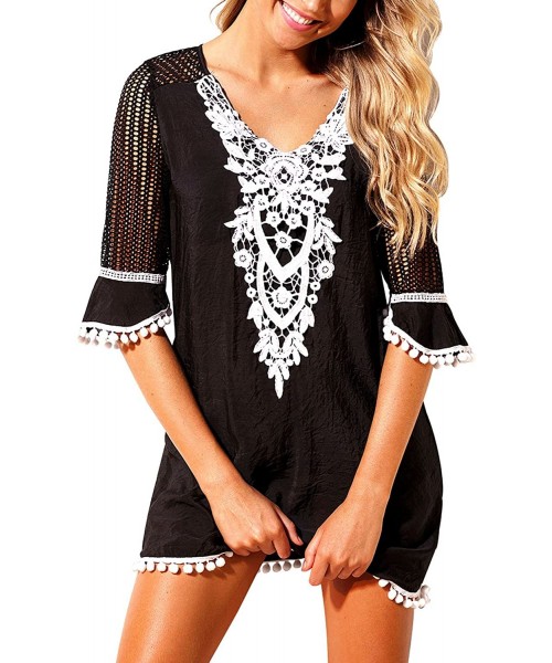 Cover-Ups Women's Crochet Chiffon Tassel Swimsuit Bikini Pom Pom Trim Swimwear Beach Cover Up - A Tassel Black - CR180CNZ39W