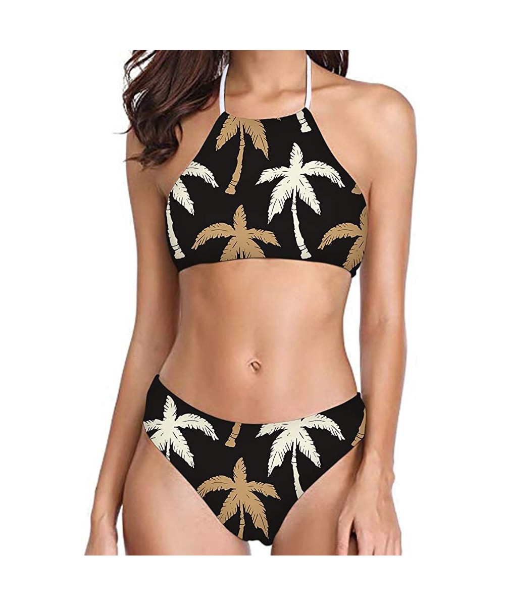 Sets Women's All Over Printing Bikini High Neck Halter 2 Piece Swimsuit - Palm Tree - 2013 - CC18QMDMTZA