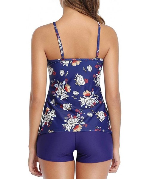 Sets Women Bikinis Set Flounce Printed Top Tankini Swimwear 2 Piece Swimsuit - Blue Floral - CE196OU9YMS